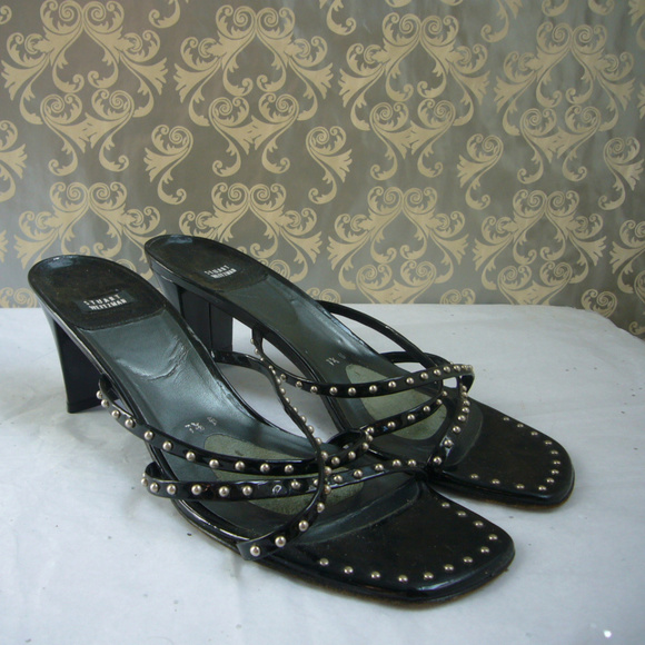 Stuart Weitzman Black Leather Silver Studded Criss Cross Sandal 7.5M Vintage!